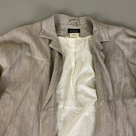 Eskandar Neiman Marcus Jacket Size 2 US 14-16 Linen Silk Wool Brown Striped Open - Picture 3 of 14